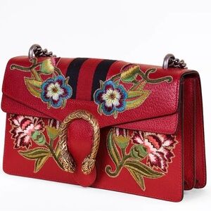 Gucci Red Floral Embroidered Shoulder Bag